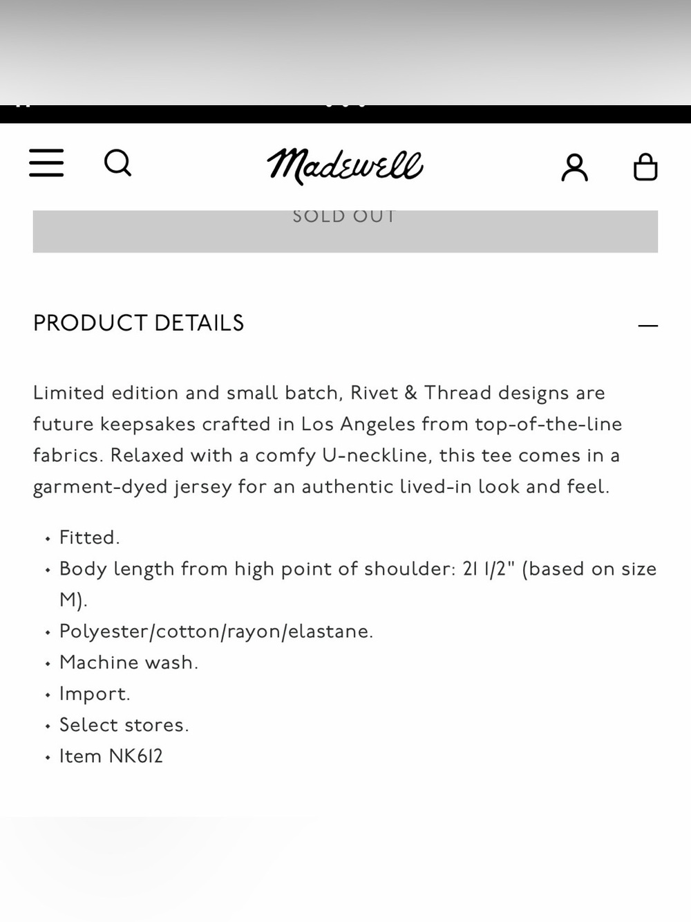 Madewell/Rivet & Thread Ribbed U-Neck Tee, Limited Edition! Like New! - Picture 6 of 11